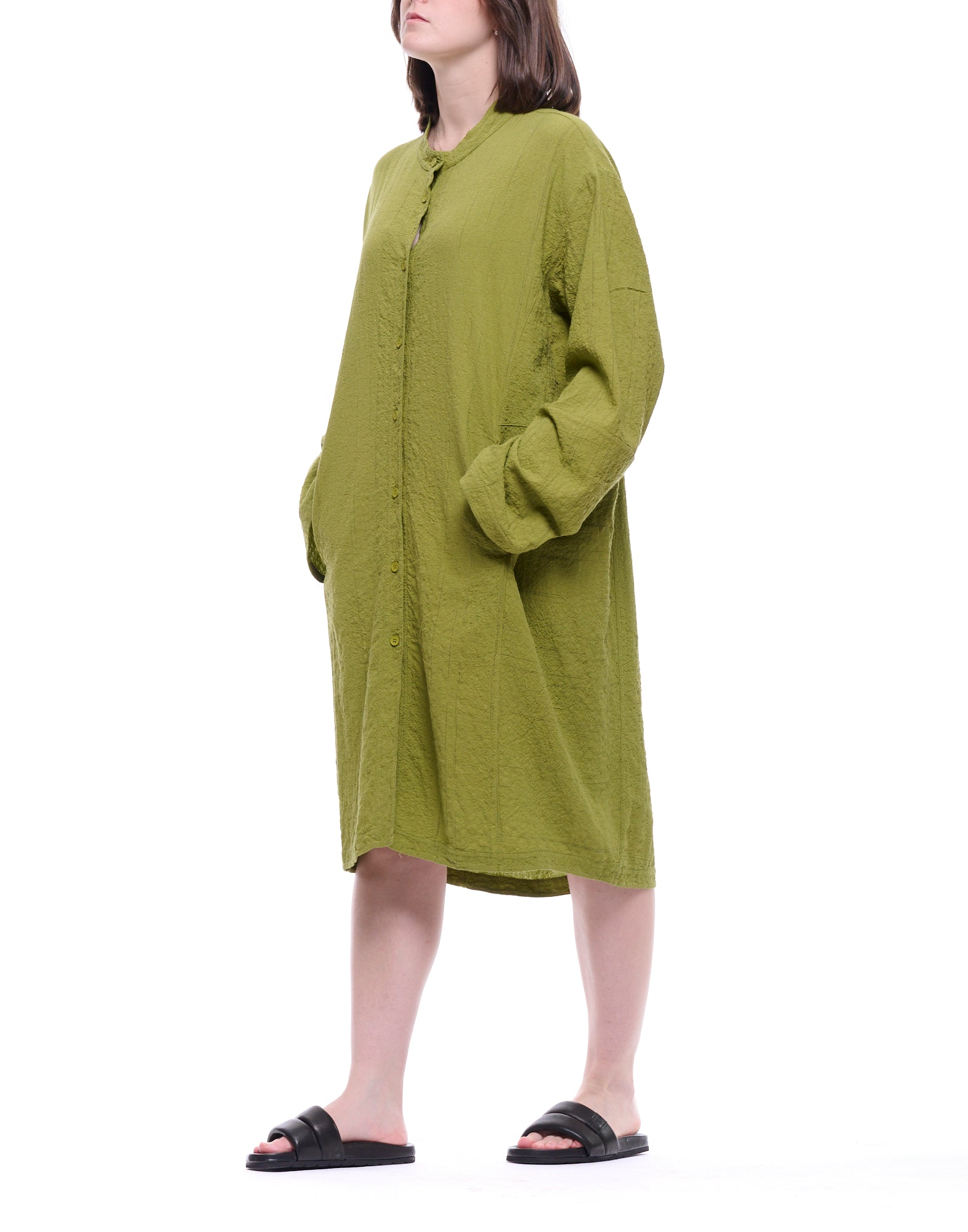 Olive Long Button-Front Dress with Fluid Silhouette