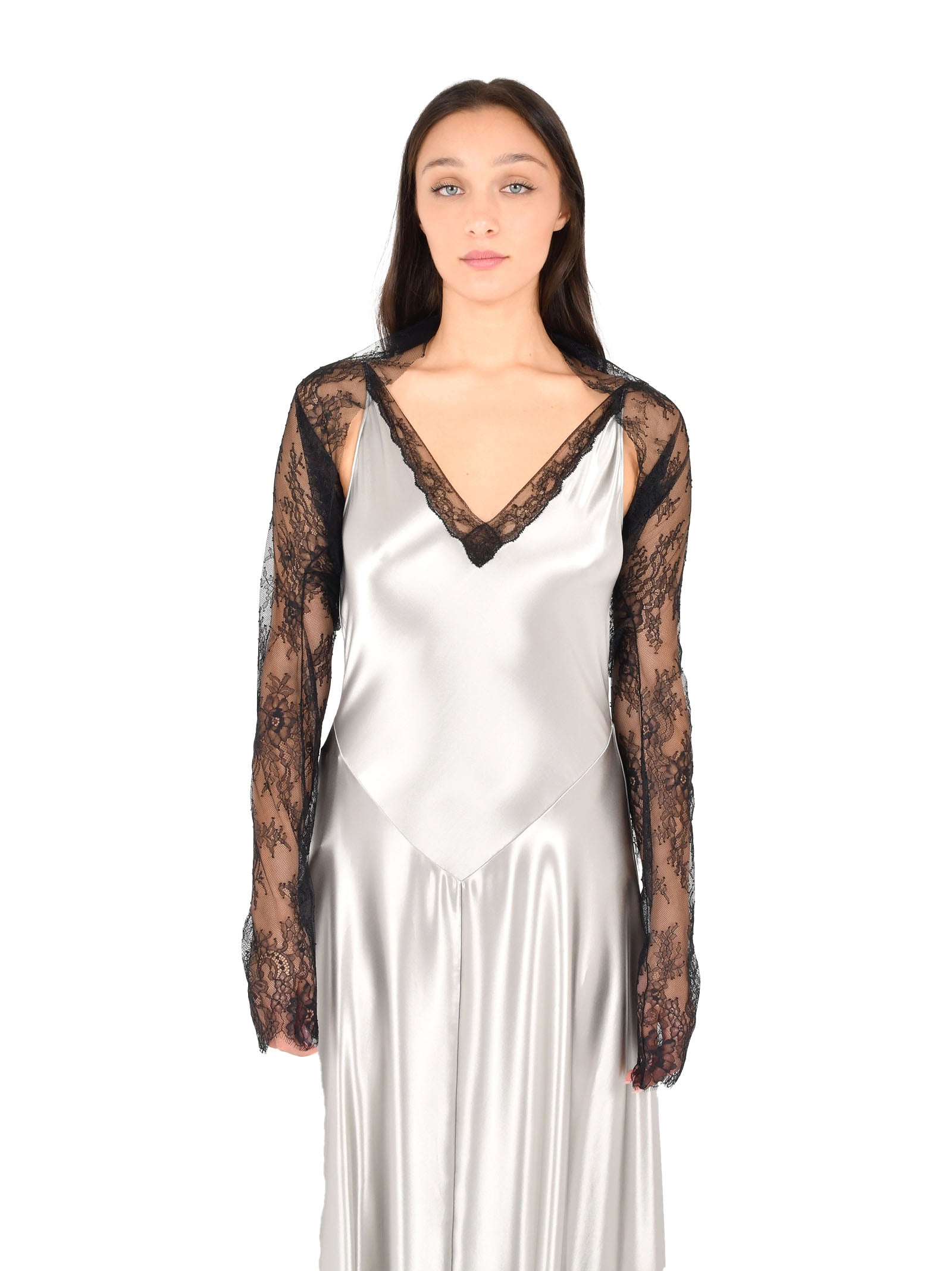 Silver Satin Maxi Dress With Lace Inserts