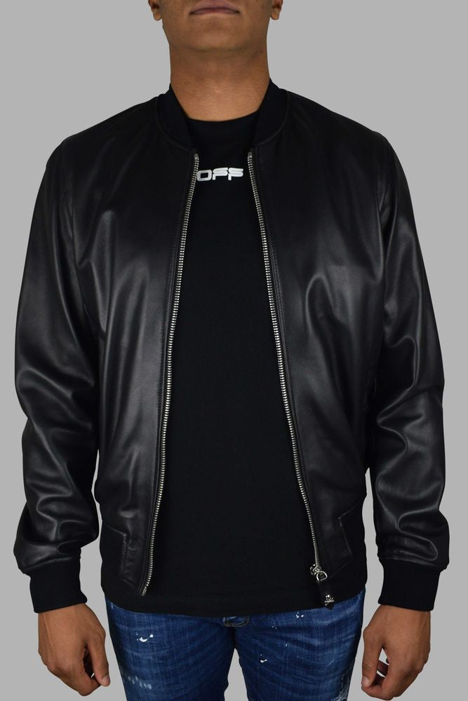 Black Leather Bomber Jacket With Skull Design