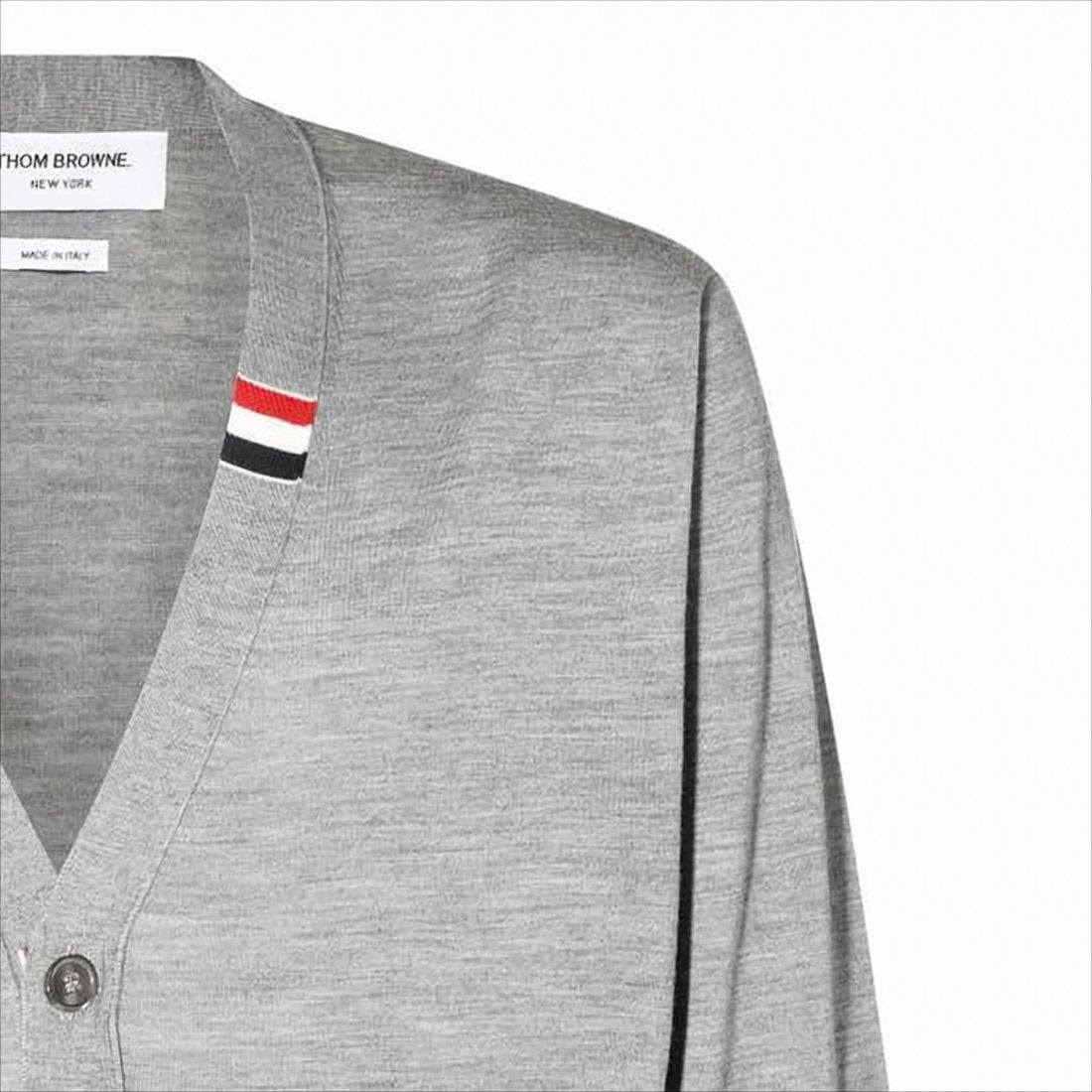 Lightweight Grey Cardigan with V-Neckline and Striped Accents