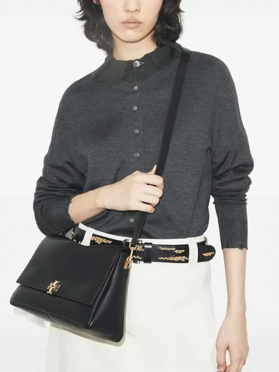 Sleek Rectangular Black Cowhide Leather Shoulder Bag