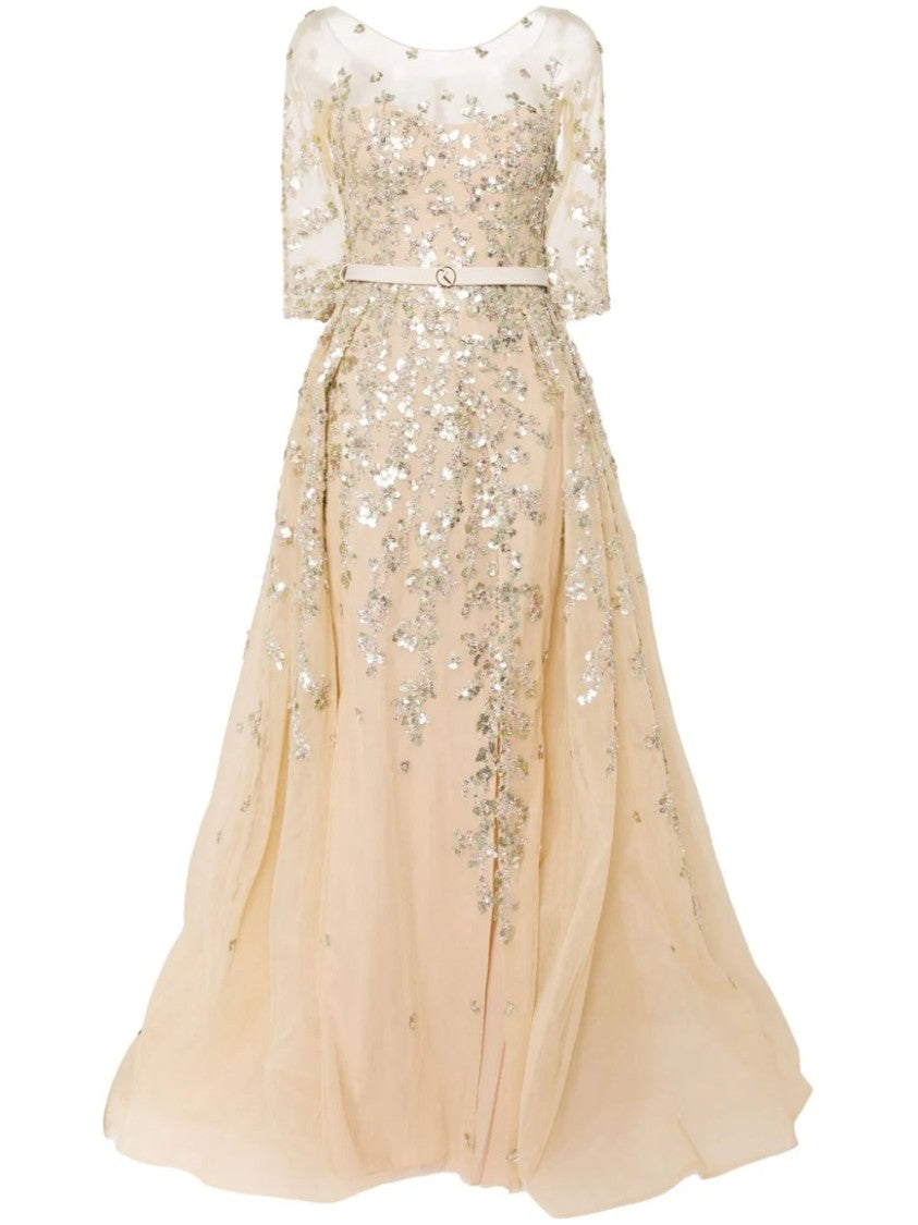 Tulle Beaded Dress With Envelope Skirt And Overskirt