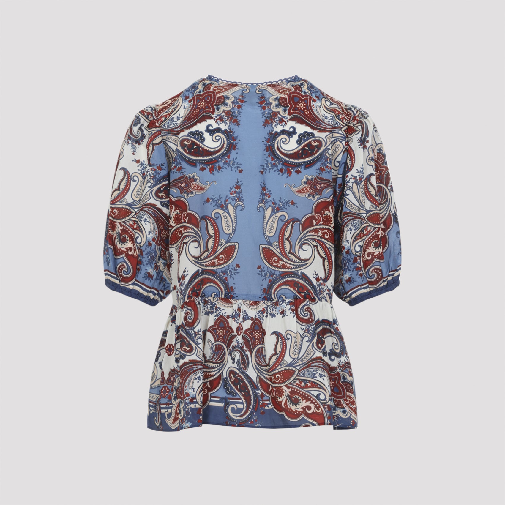 Puffed Sleeve Blue Paisley Shirt With Pattern