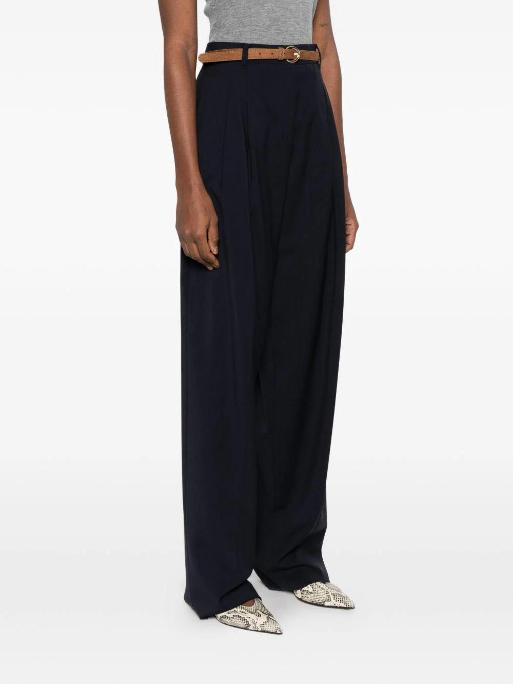 Pleated High-Waist Wide-Leg Trousers with Slim Belt