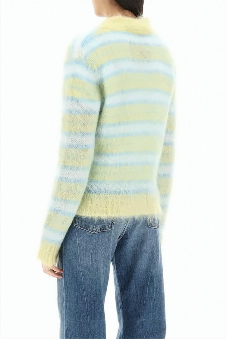 Textured Mohair Blend Cardigan with Horizontal Stripes