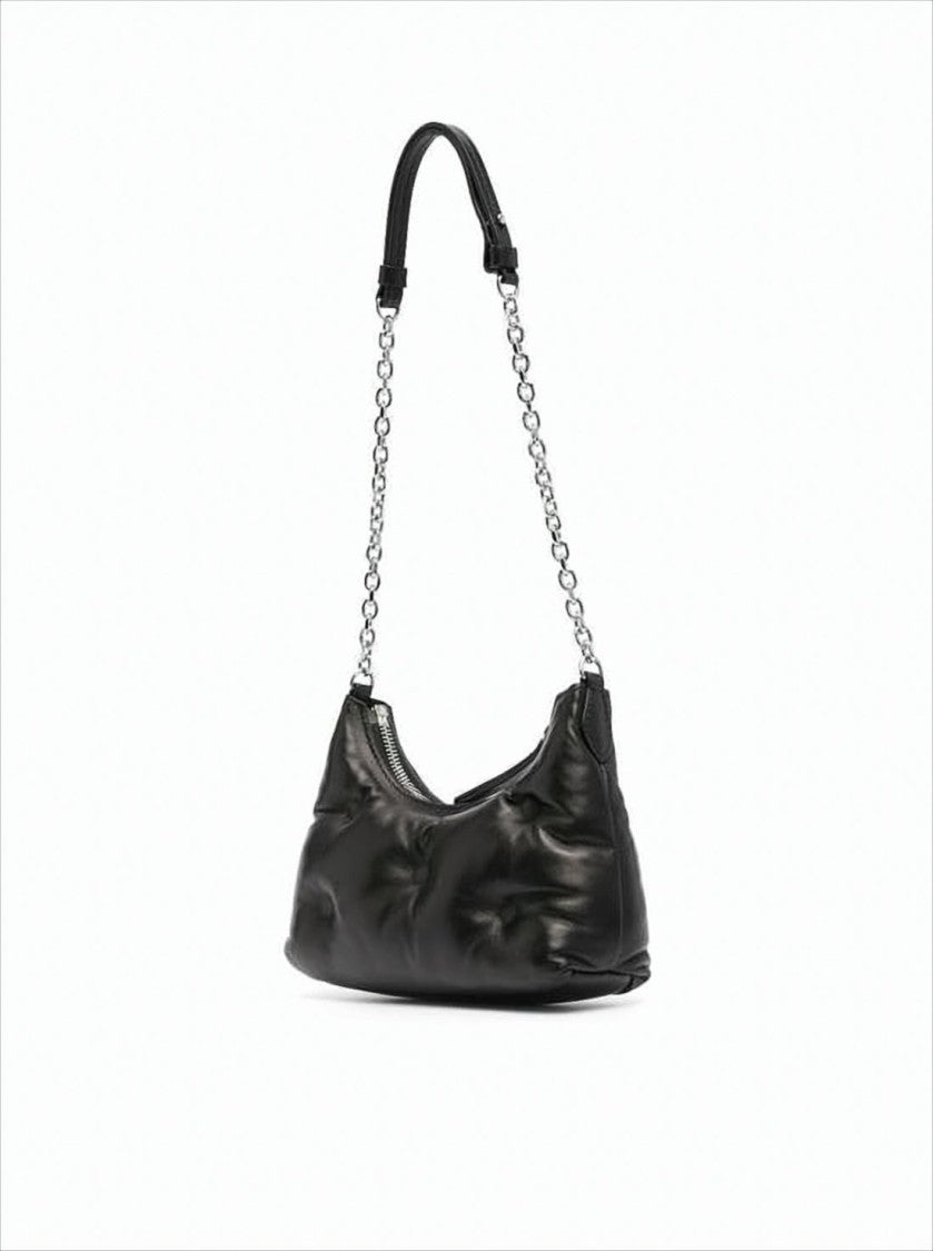 Quilted Calf Leather Shoulder Bag With Silver Chain Strap