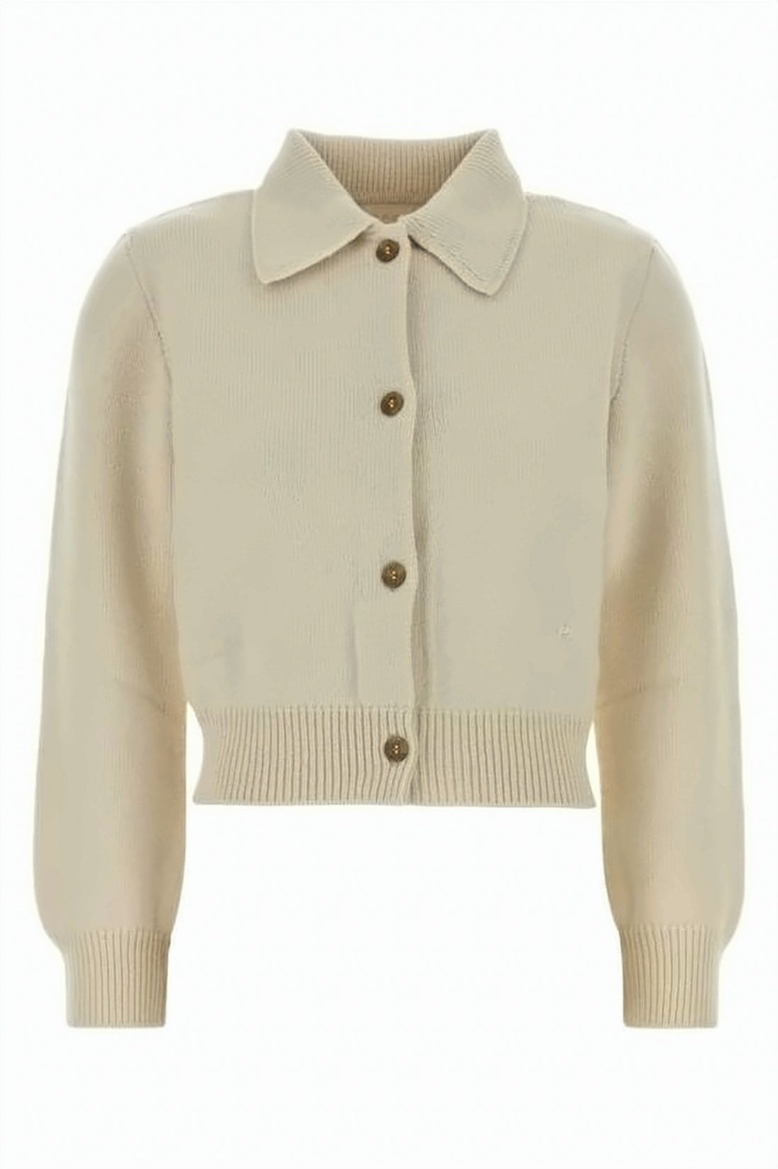 Cropped Wool Knit Cardigan with Classic Collar and Structured Silhouette