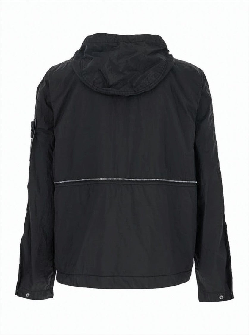 Black Lightweight Hooded Jacket with Reflective Piping and Distinctive Patch