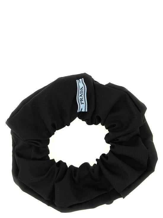Gathered Fabric Black Scrunchie With Logo Detail