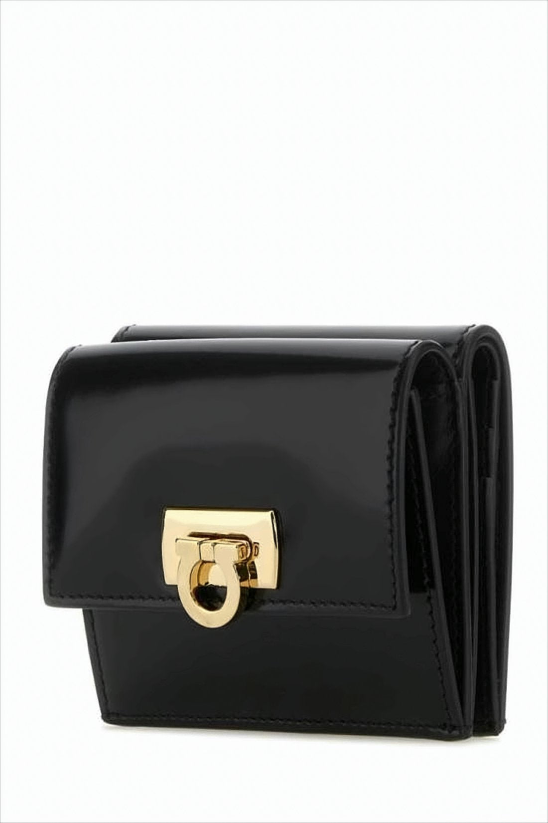 Compact Black Calf Leather Wallet with Gold-tone Clasp