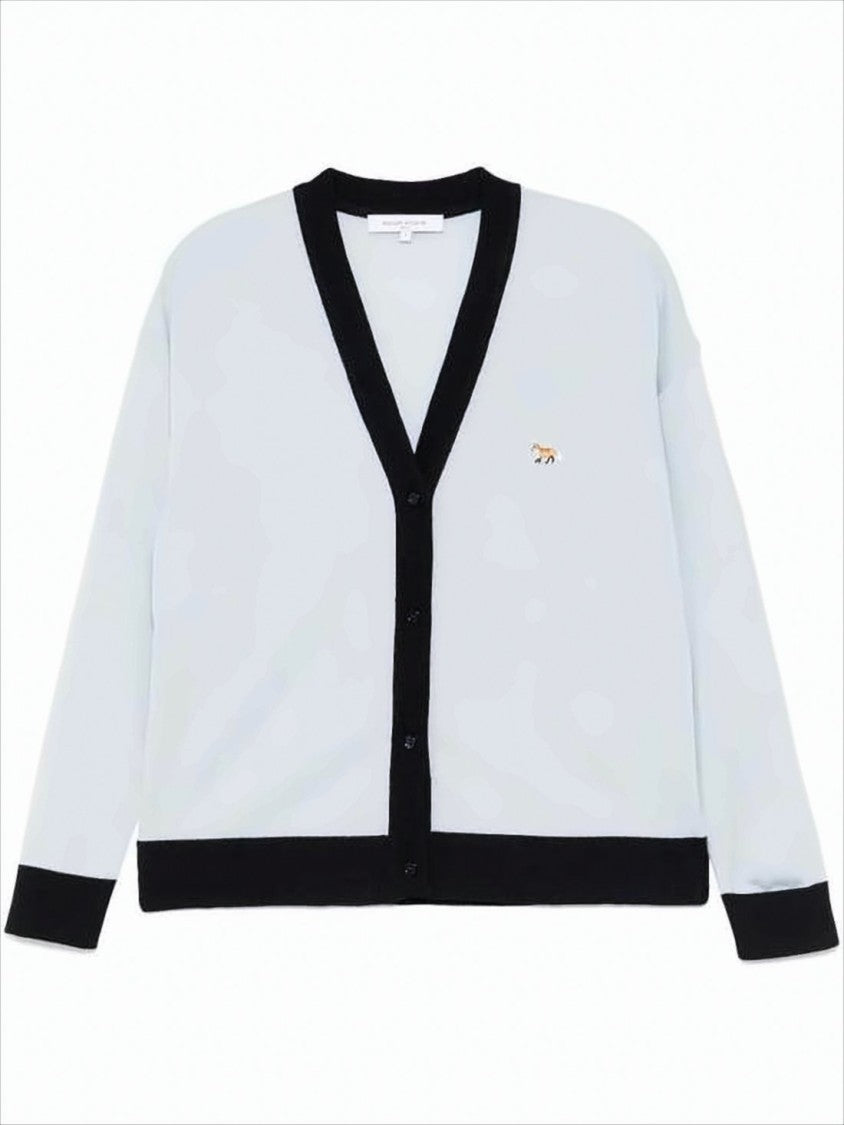 Wool Cardigan With Contrast Trim And Embroidered Emblem