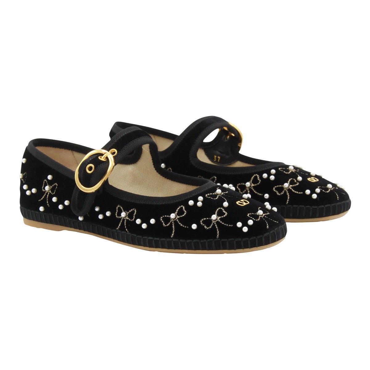 Embellished Black Velvet Flats with Pearl Details