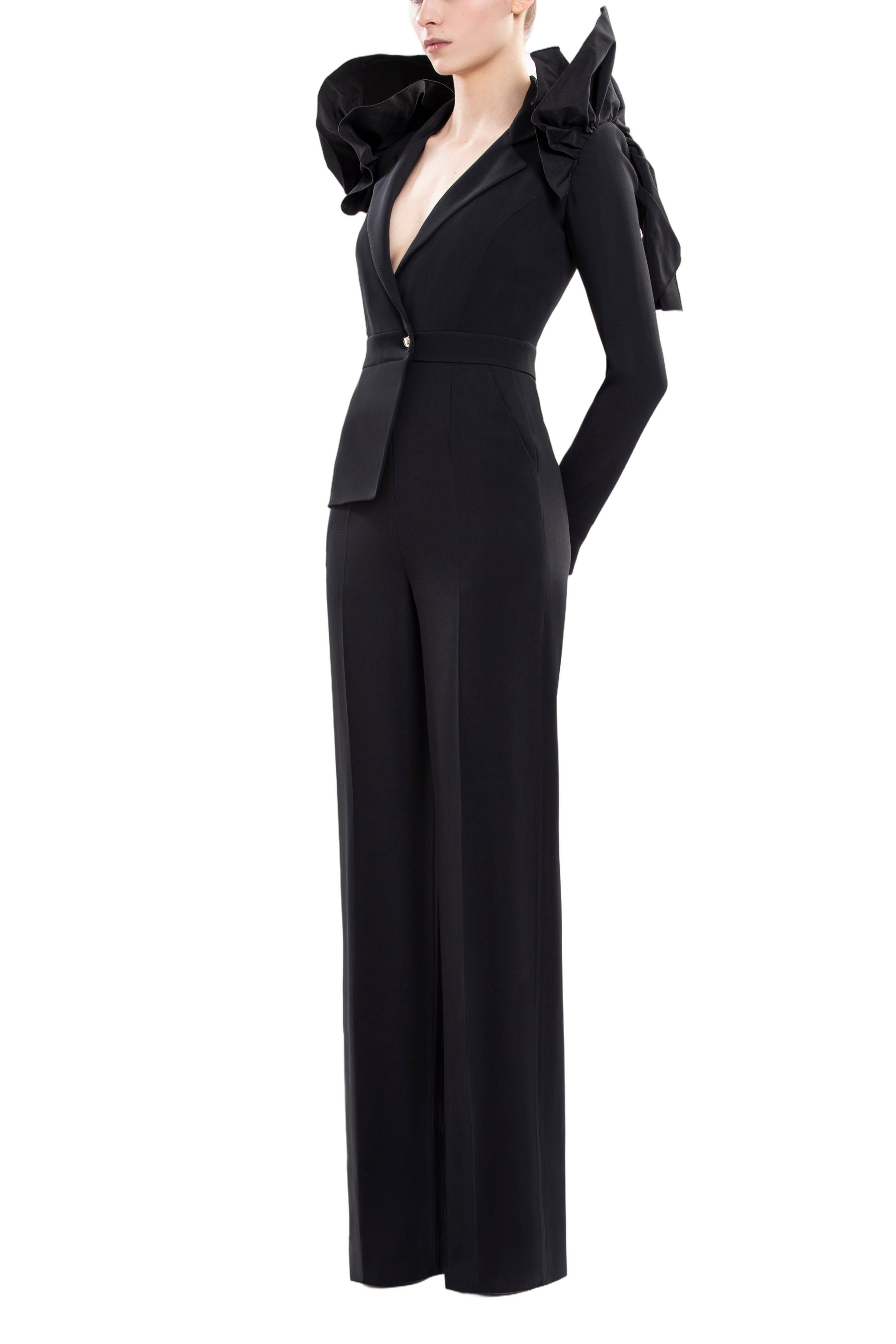 Asymmetrical Jet-Black Crepe Jumpsuit with Tailored Ruffles