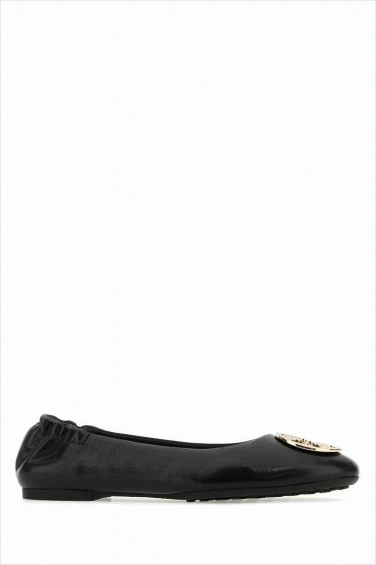 Glossy Black Flats with Gold-tone Emblem