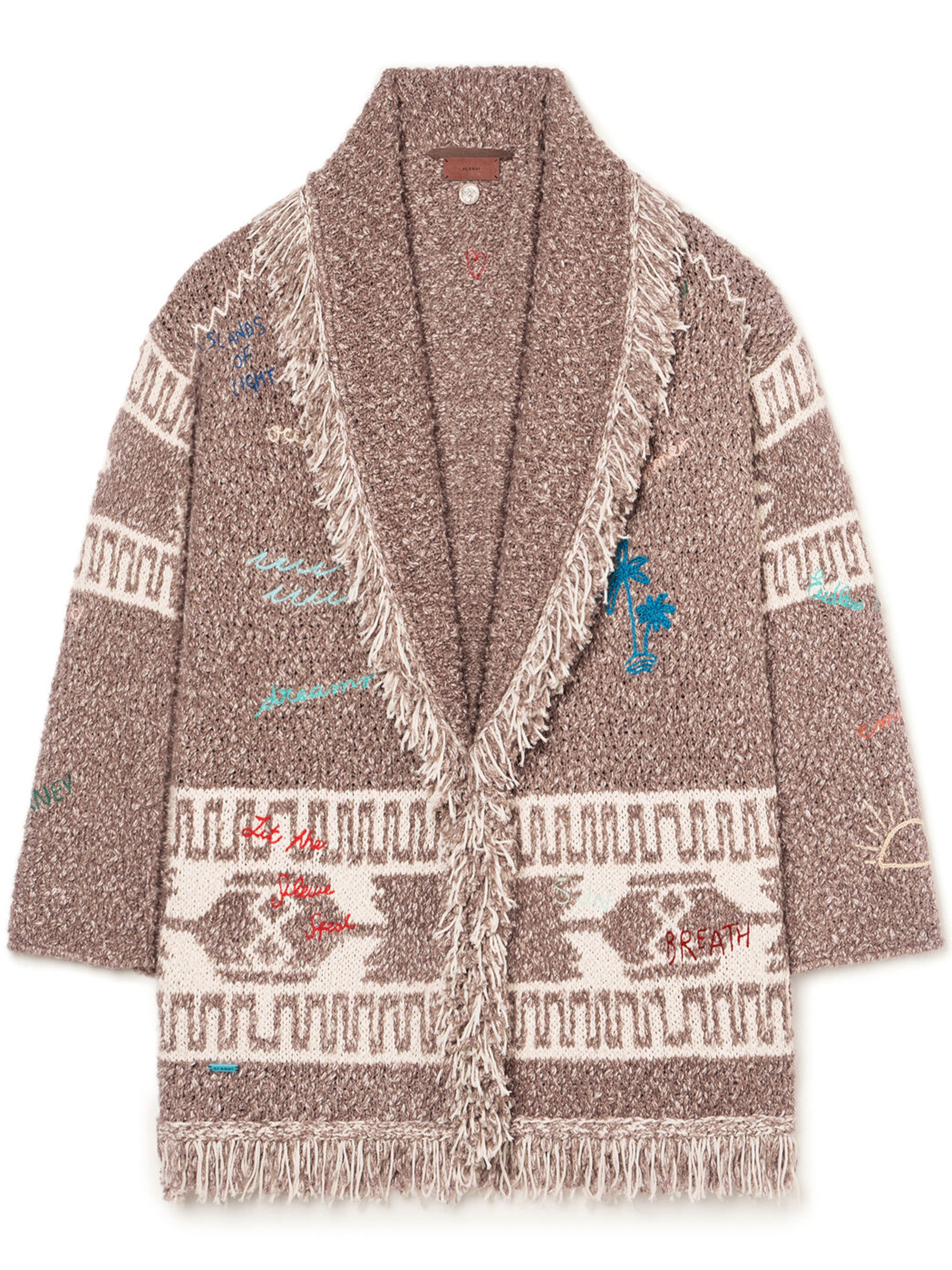Textured Knit Cardigan with Shawl Collar and Artistic Embroidery