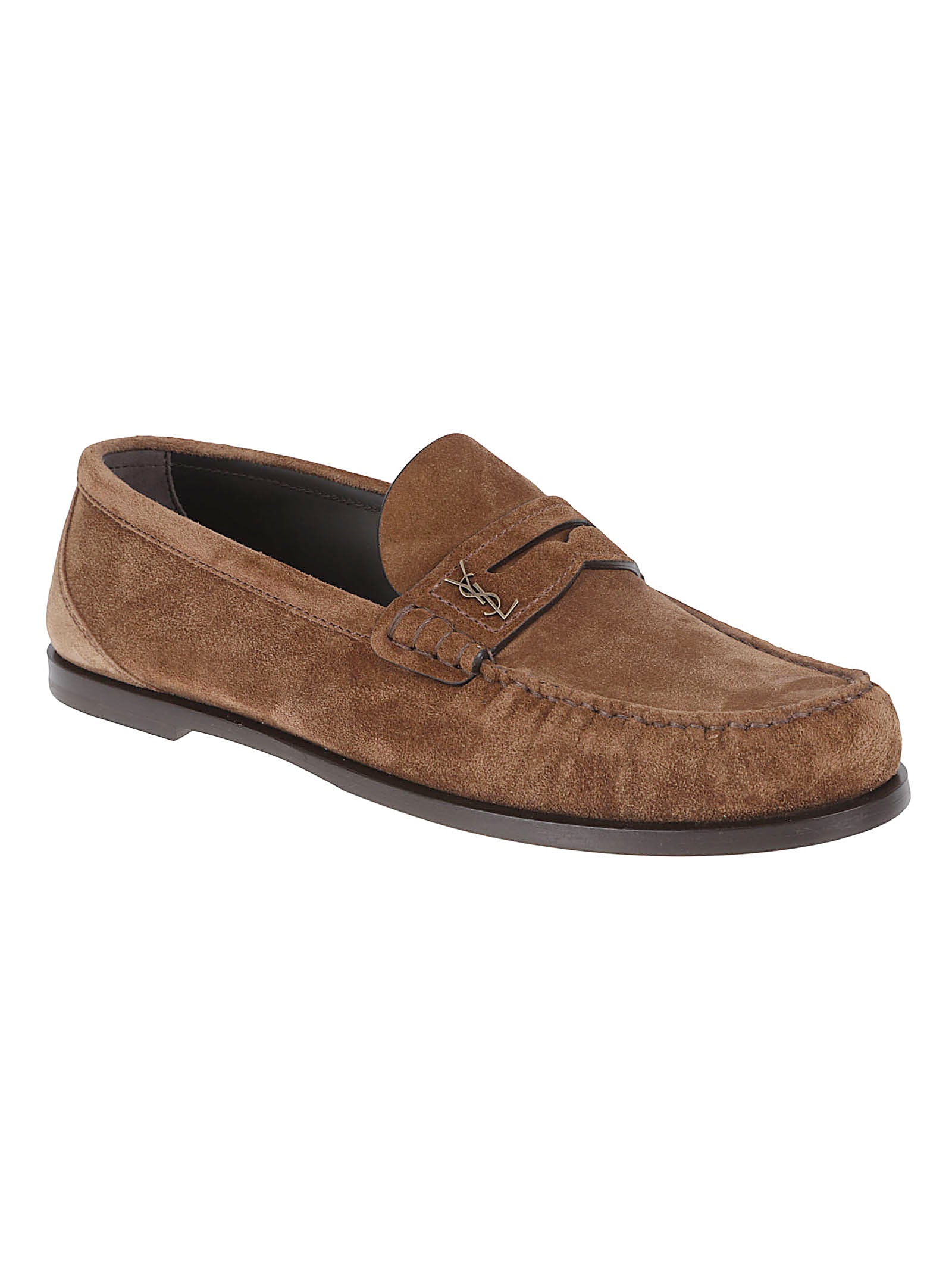 Brown Suede Moccasin-Style Flat Shoes with Stitched Toe