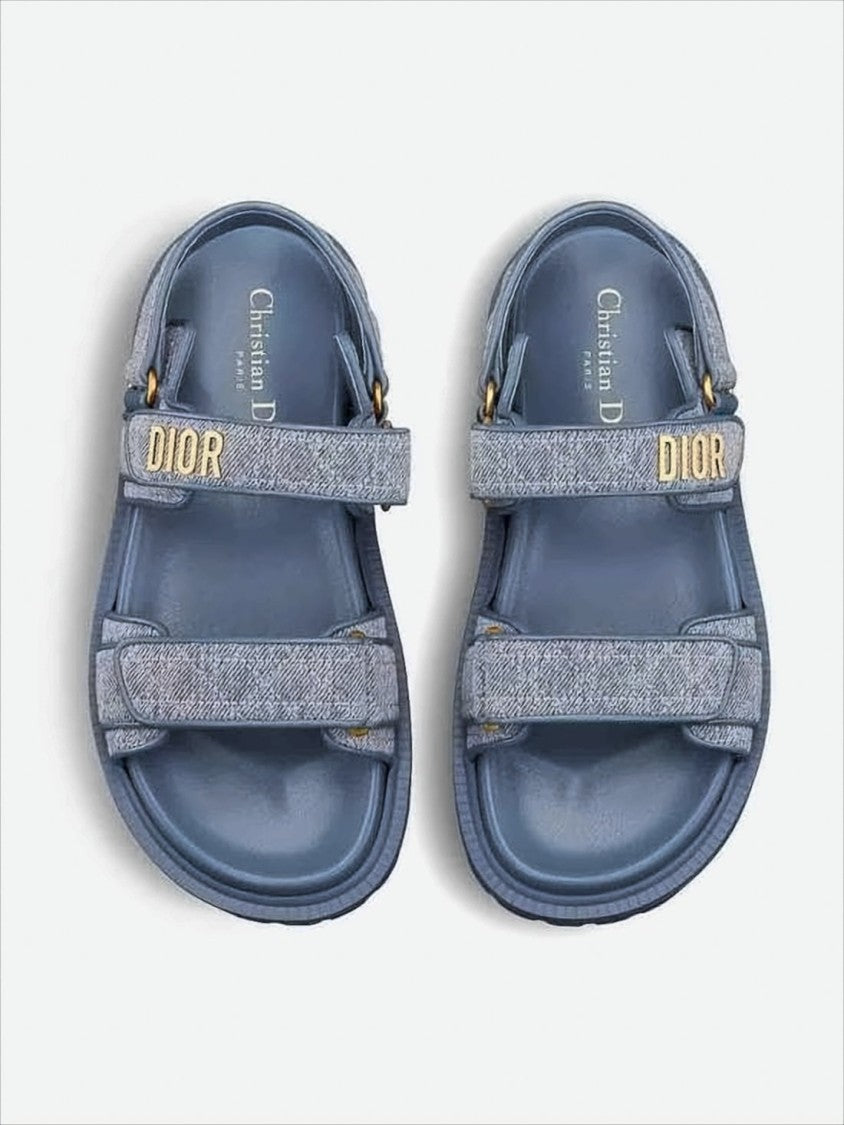 Textured Blue Sandals With Adjustable Straps And Gold-Tone Detailing