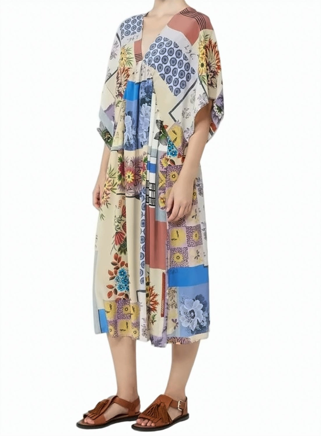 Multicolor Patchwork Floral V Neck Dress