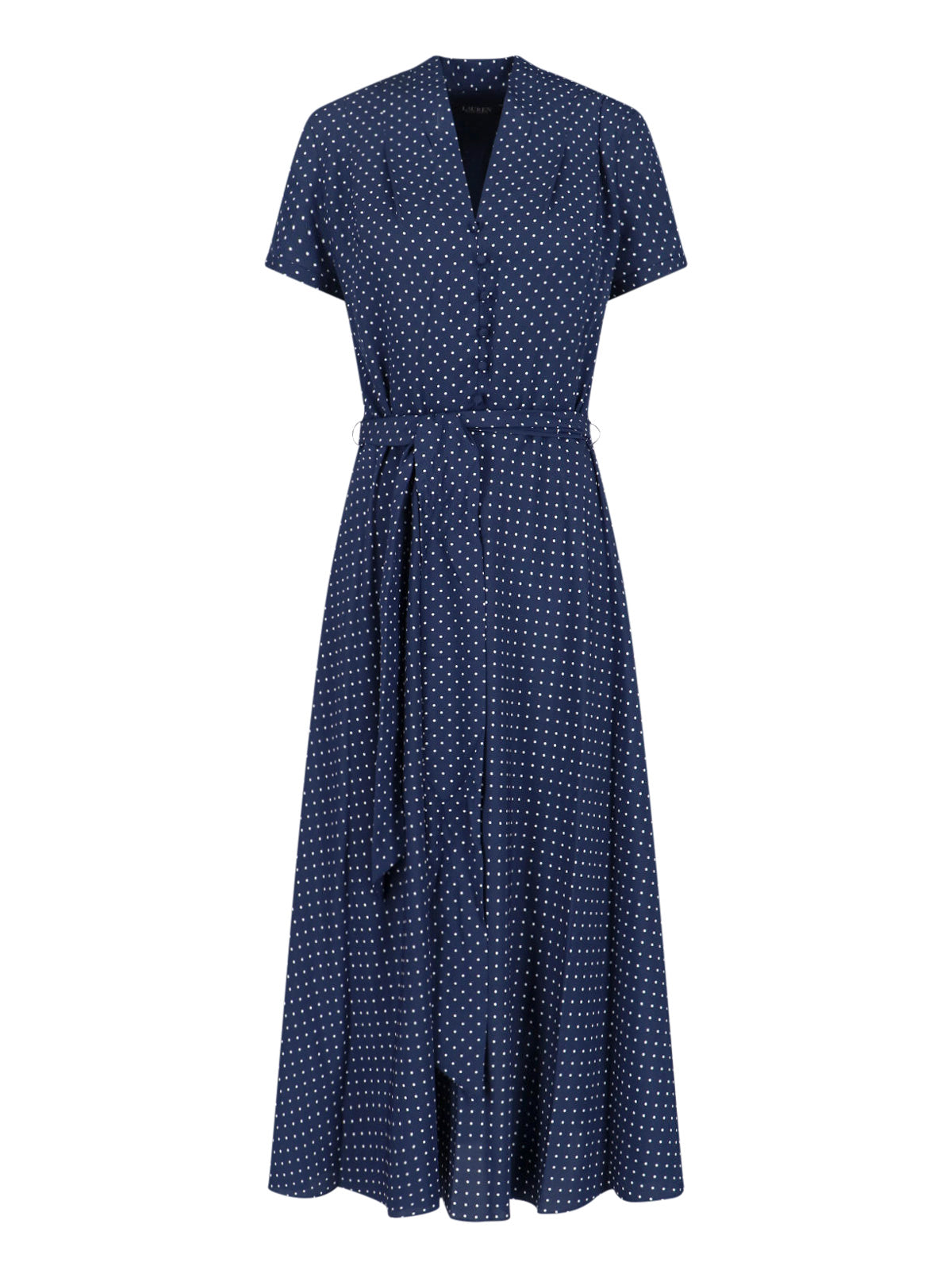 Navy Blue Midi Dress with Polka Dot Pattern