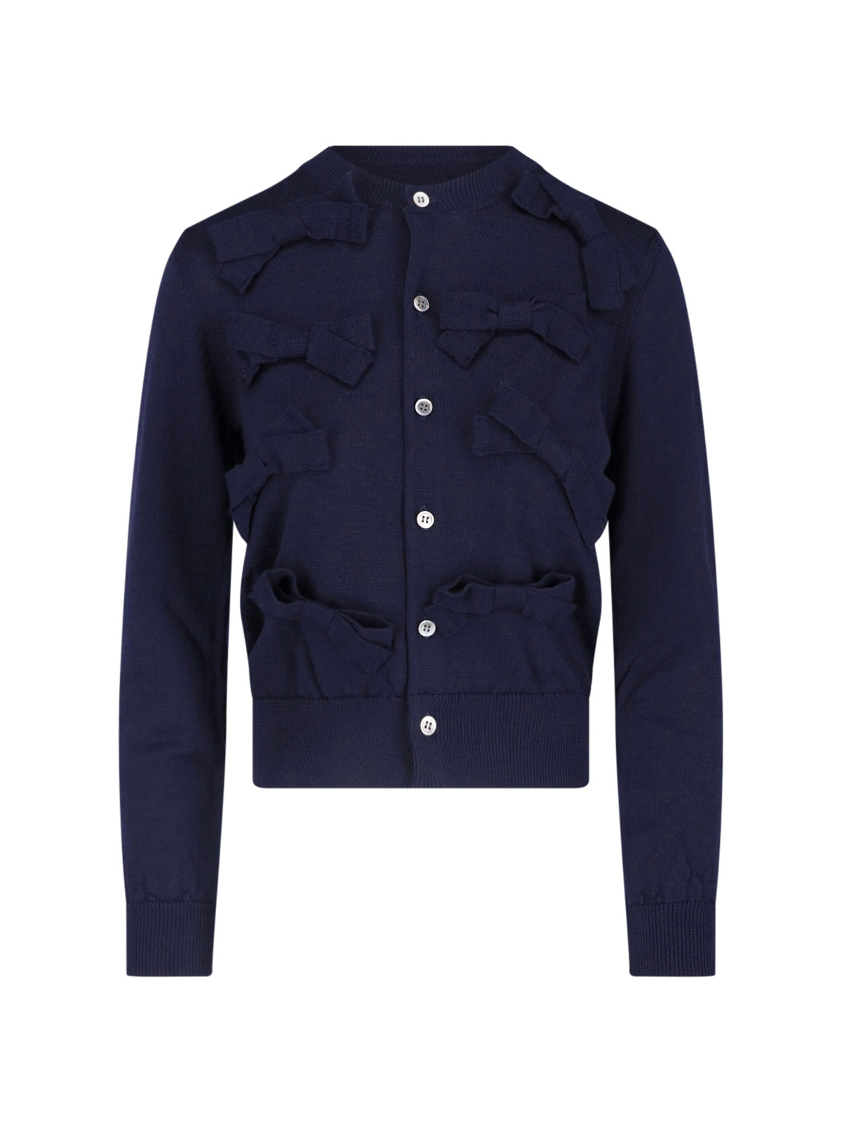 Navy Bow Detail Button-Down Cropped Sweater