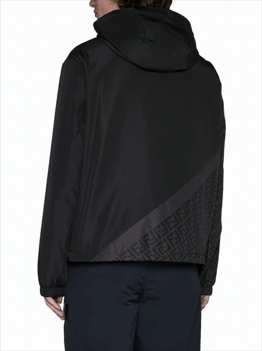 Hooded Black Jacket with Tonal Pattern