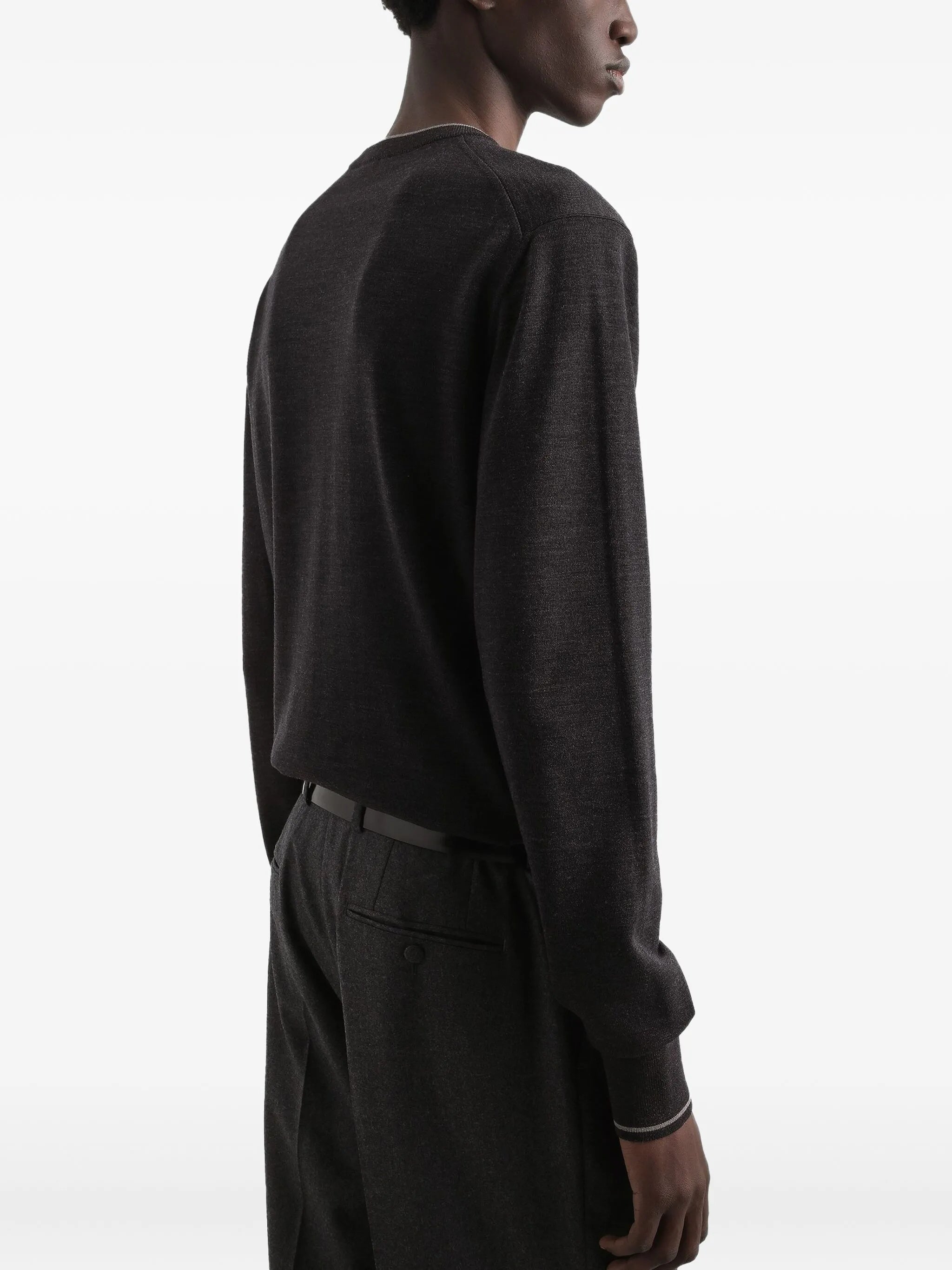 Black Fine-Knit Wool Crew Neck Sweater