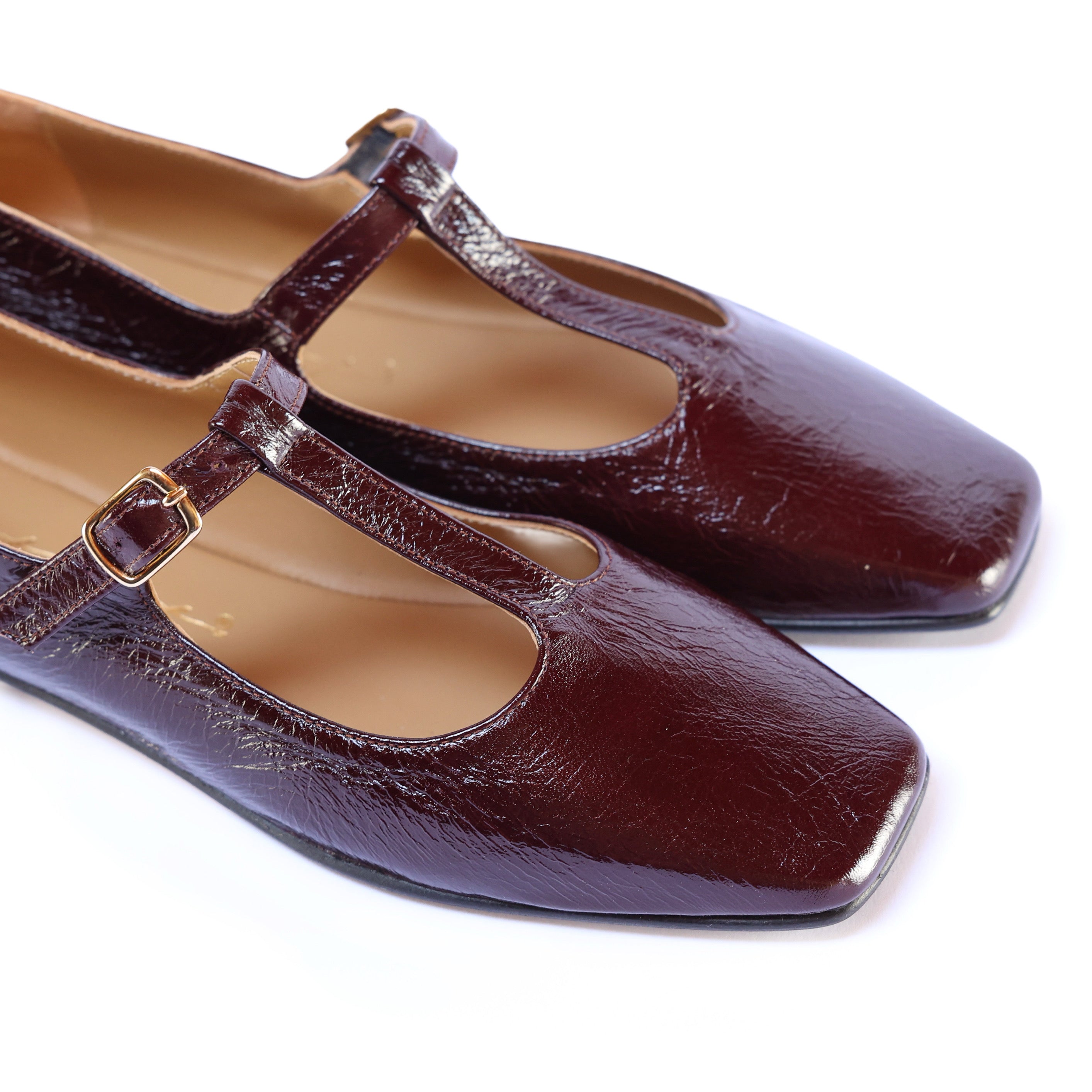 Bordeaux Leather Ballerina Flats with T-Strap