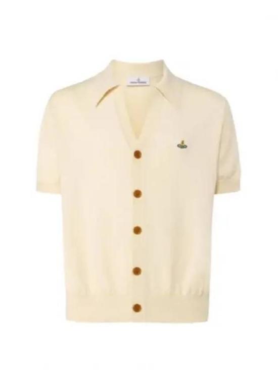 Short-Sleeved V-Neck Cardigan with Embroidered Emblem