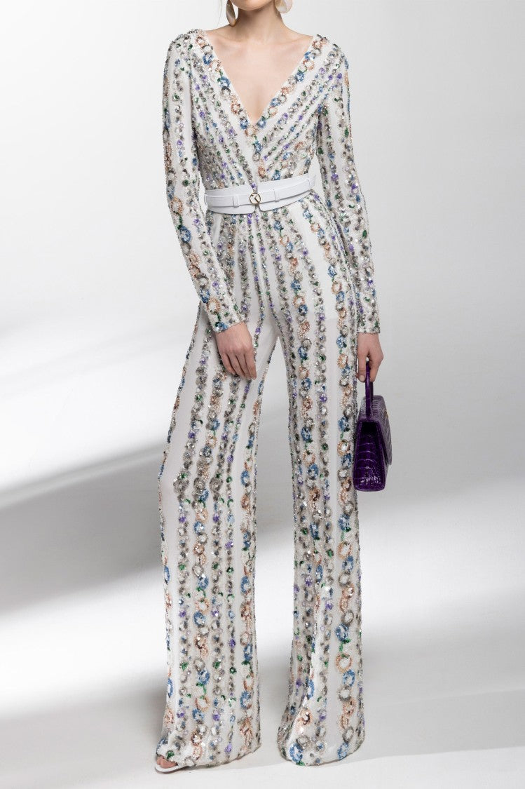 Canton Crepe Beaded Jumpsuit With A Wrapped Top