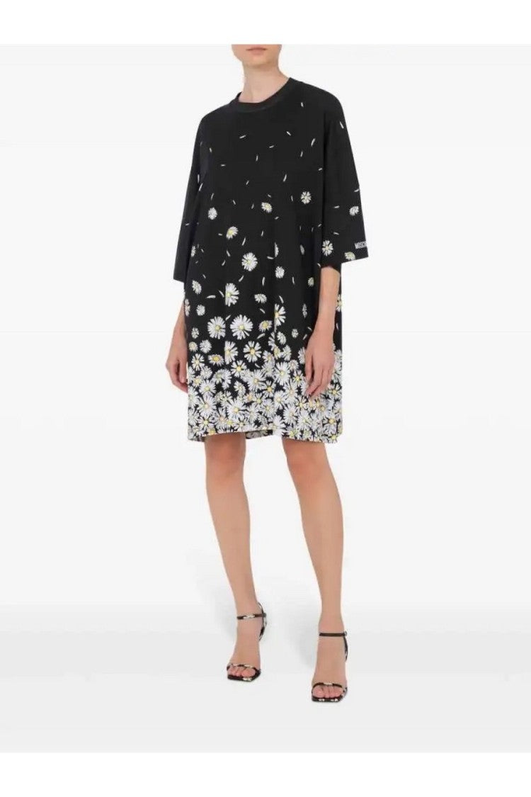 Floral-Print Black Cotton Dress With Relaxed Silhouette