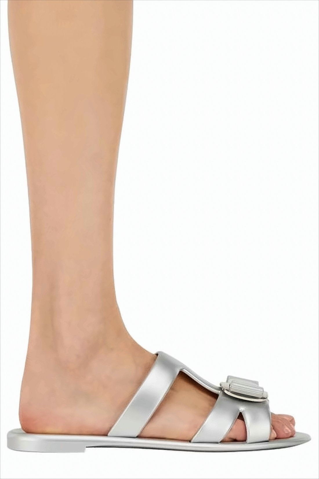 Silver Slip-On Mules with Decorative Bow