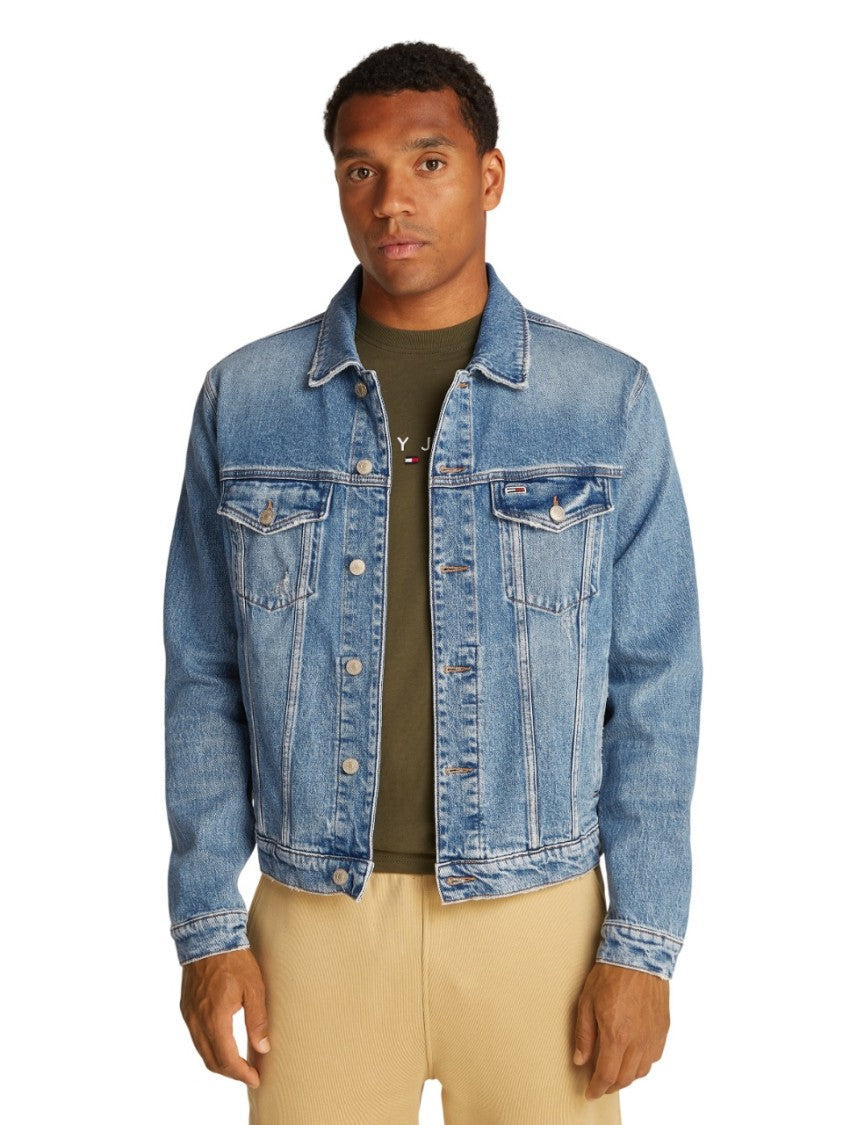 Distressed Denim Trucker Jacket With Chest Pockets