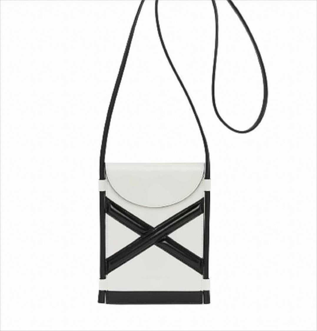 Compact White Leather Crossbody Bag with Black Accents