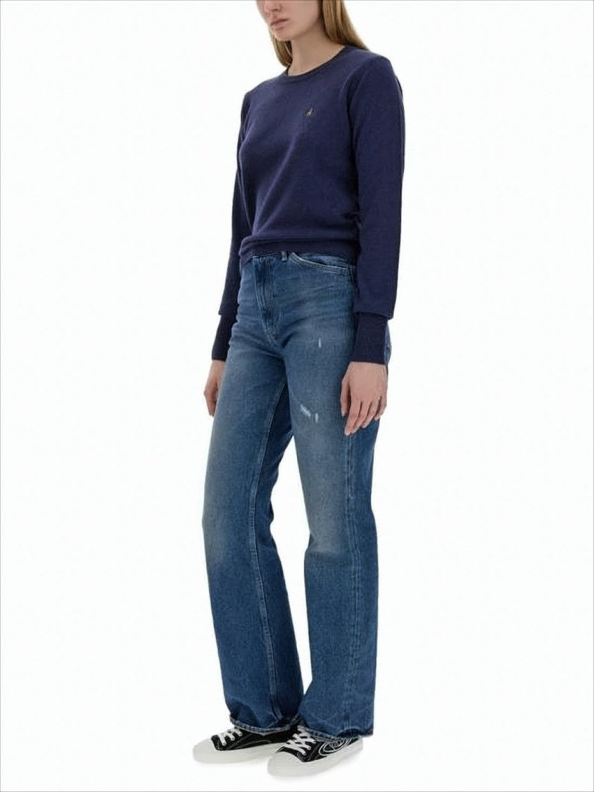 Blue Cashmere-Wool Blend Sweater with Ribbed Cuffs