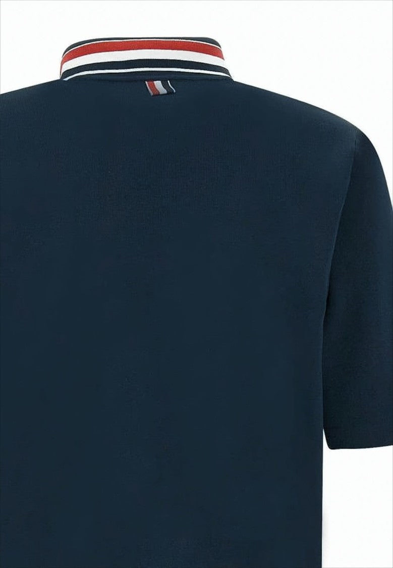 Navy Polo Shirt with Striped Collar and Side Button Details