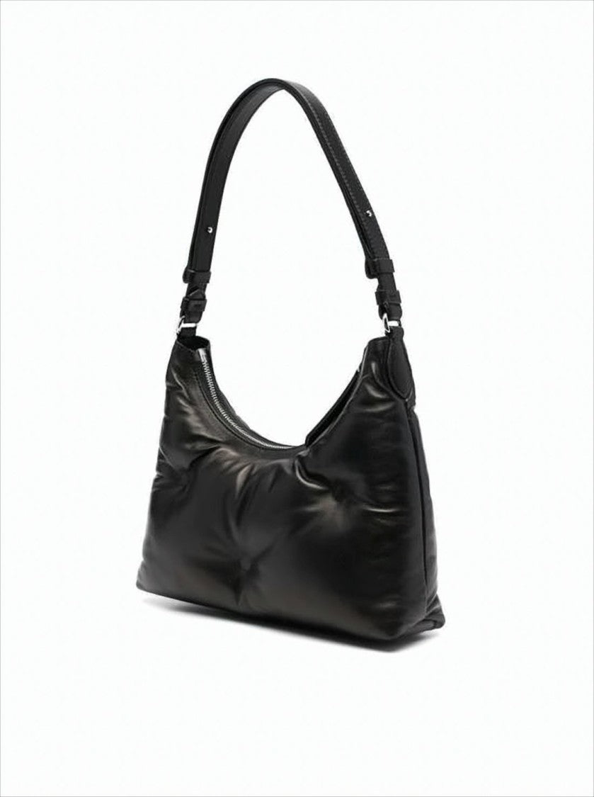 Curved Black Nappa Leather Shoulder Bag With Adjustable Strap