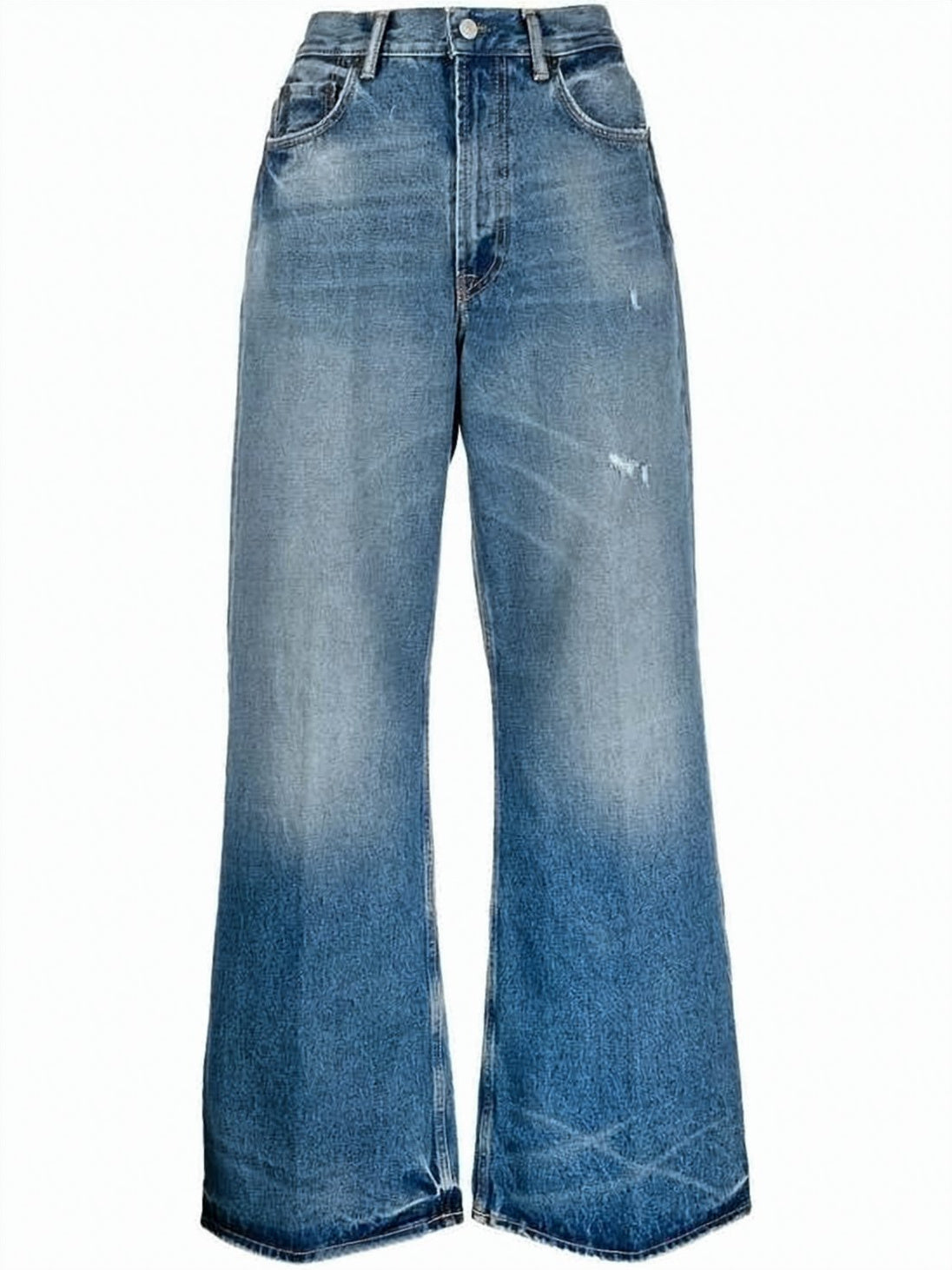 Wide-Leg Denim Pants with Vintage Wash and Frayed Hems