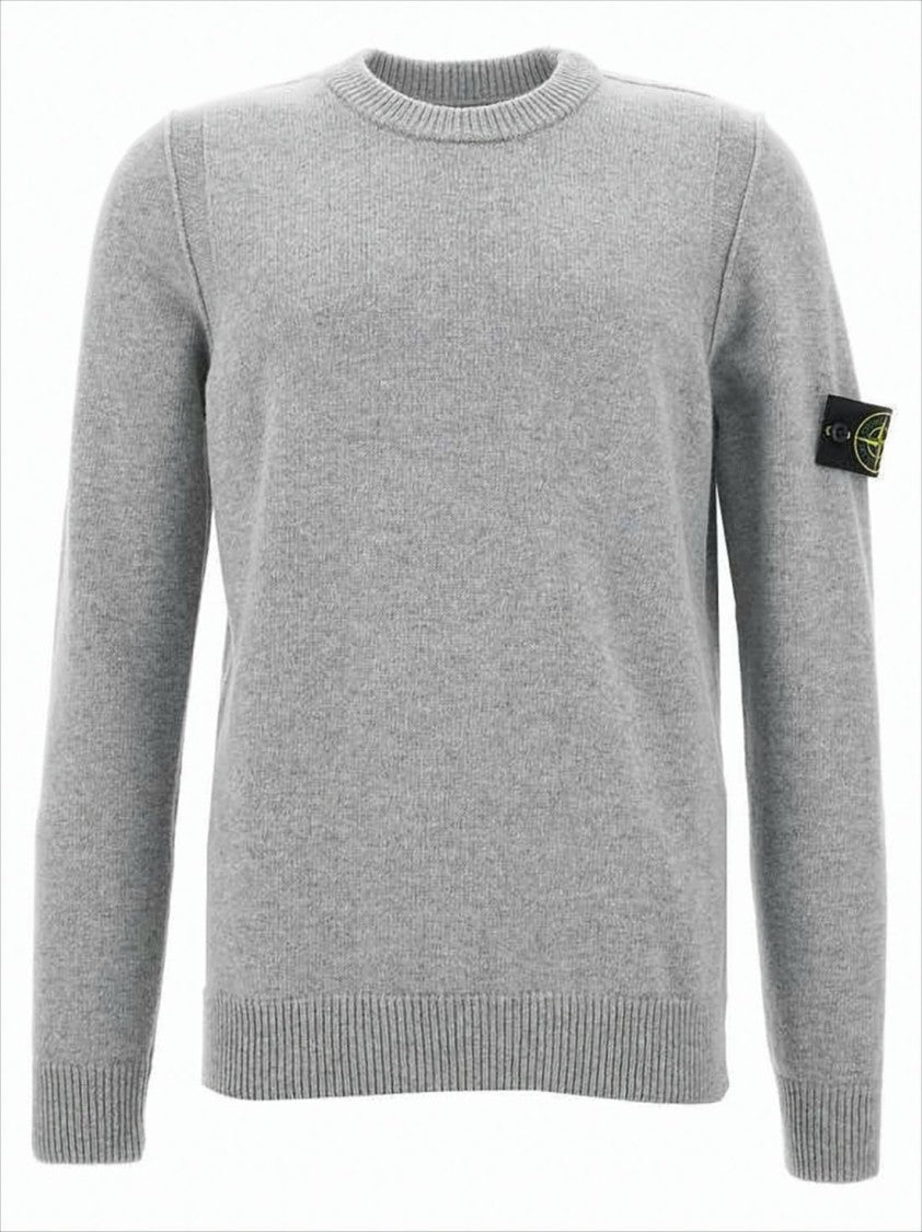 Classic Crew Neck Grey Knitwear Sweater with Compass Patch