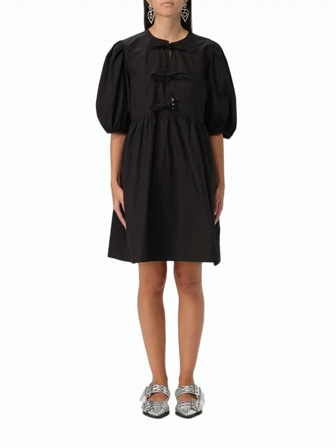 Voluminous Puff Sleeve Midi Dress With Bow Accents