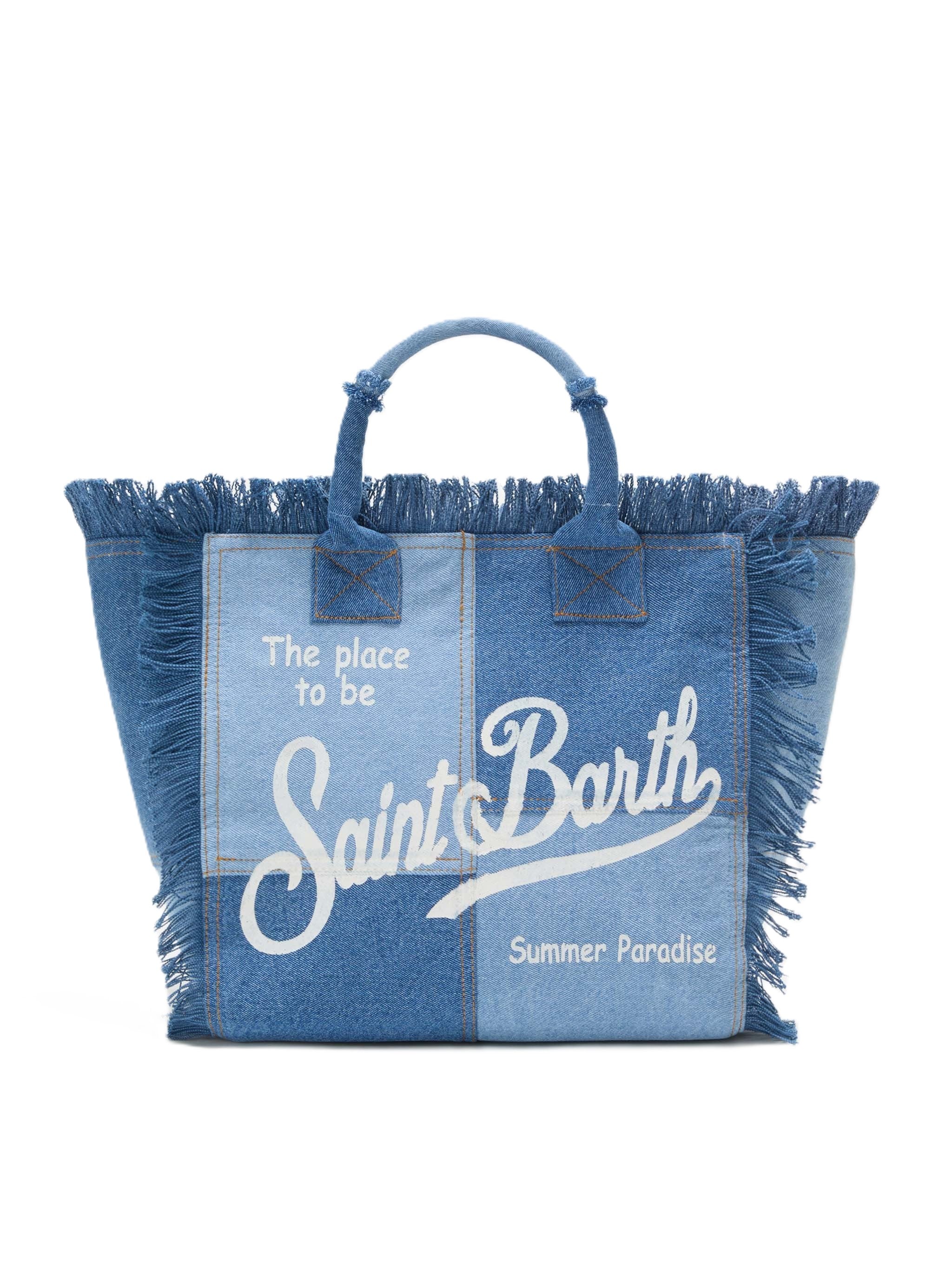 Patchwork Denim Tote Bag with Fringed Edges
