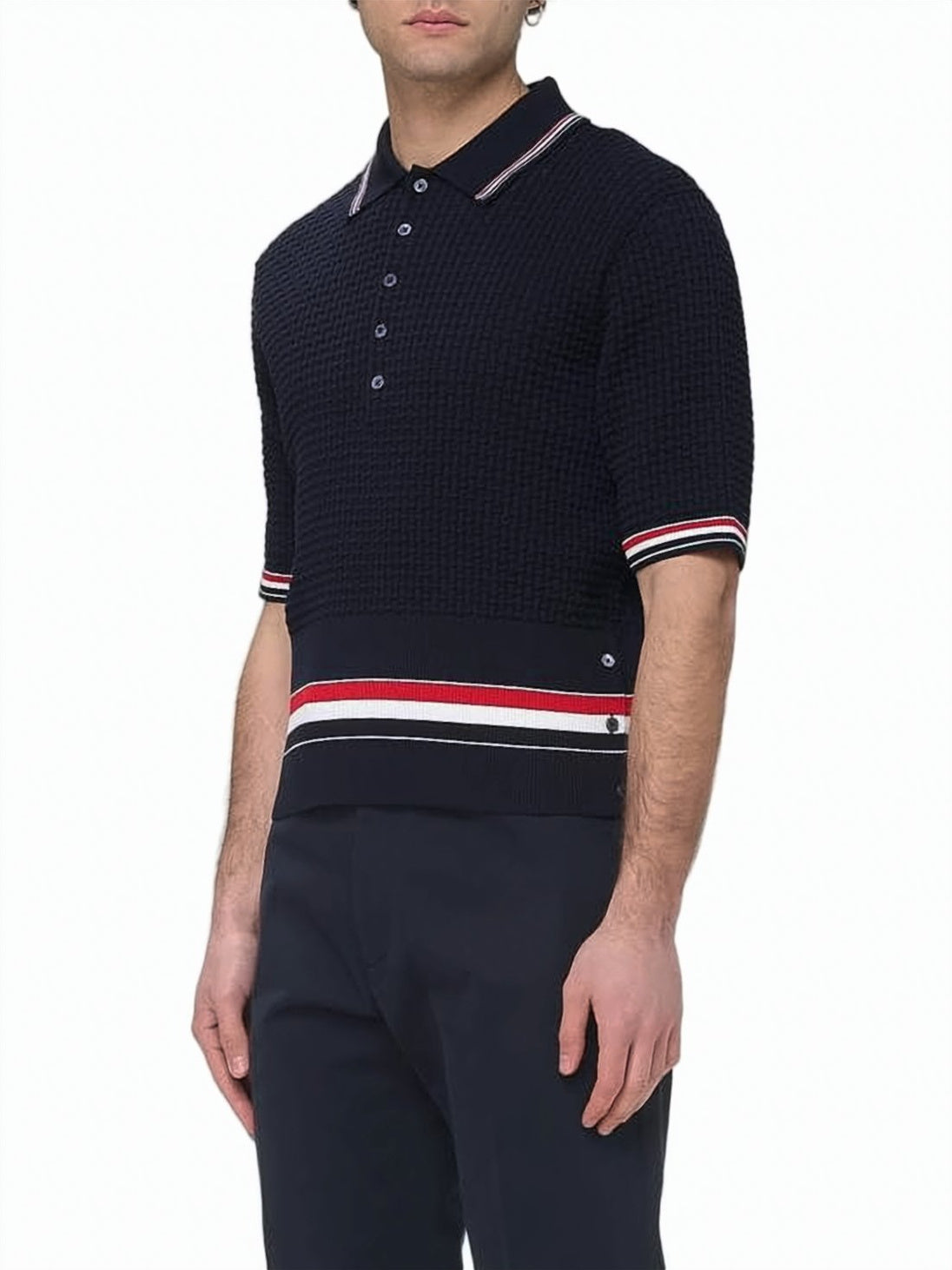 Textured Knit Short-Sleeve Polo with Striped Accents