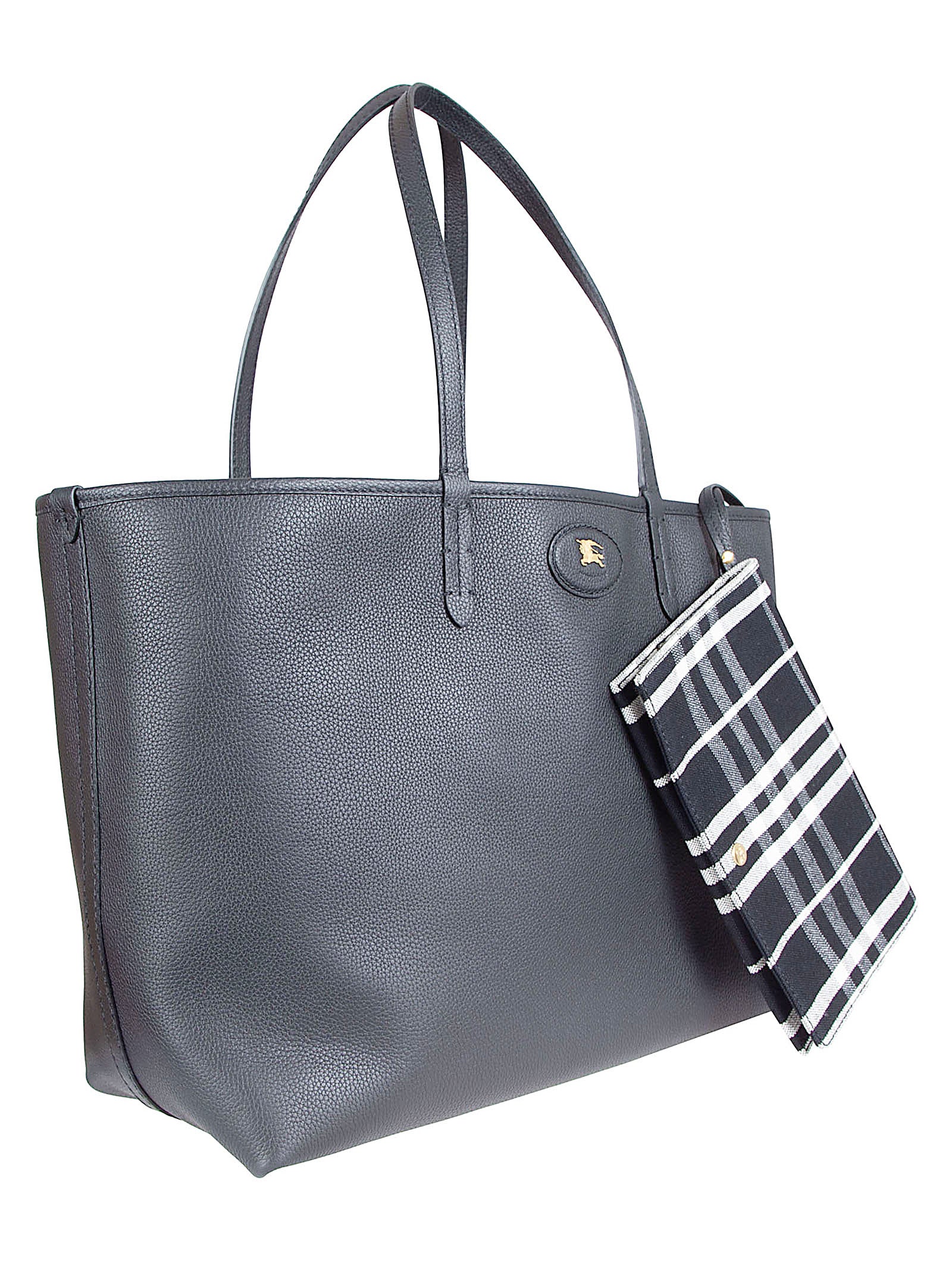 Reversible Black Calf Grain Leather Tote Bag with Equestrian Knight Emblem