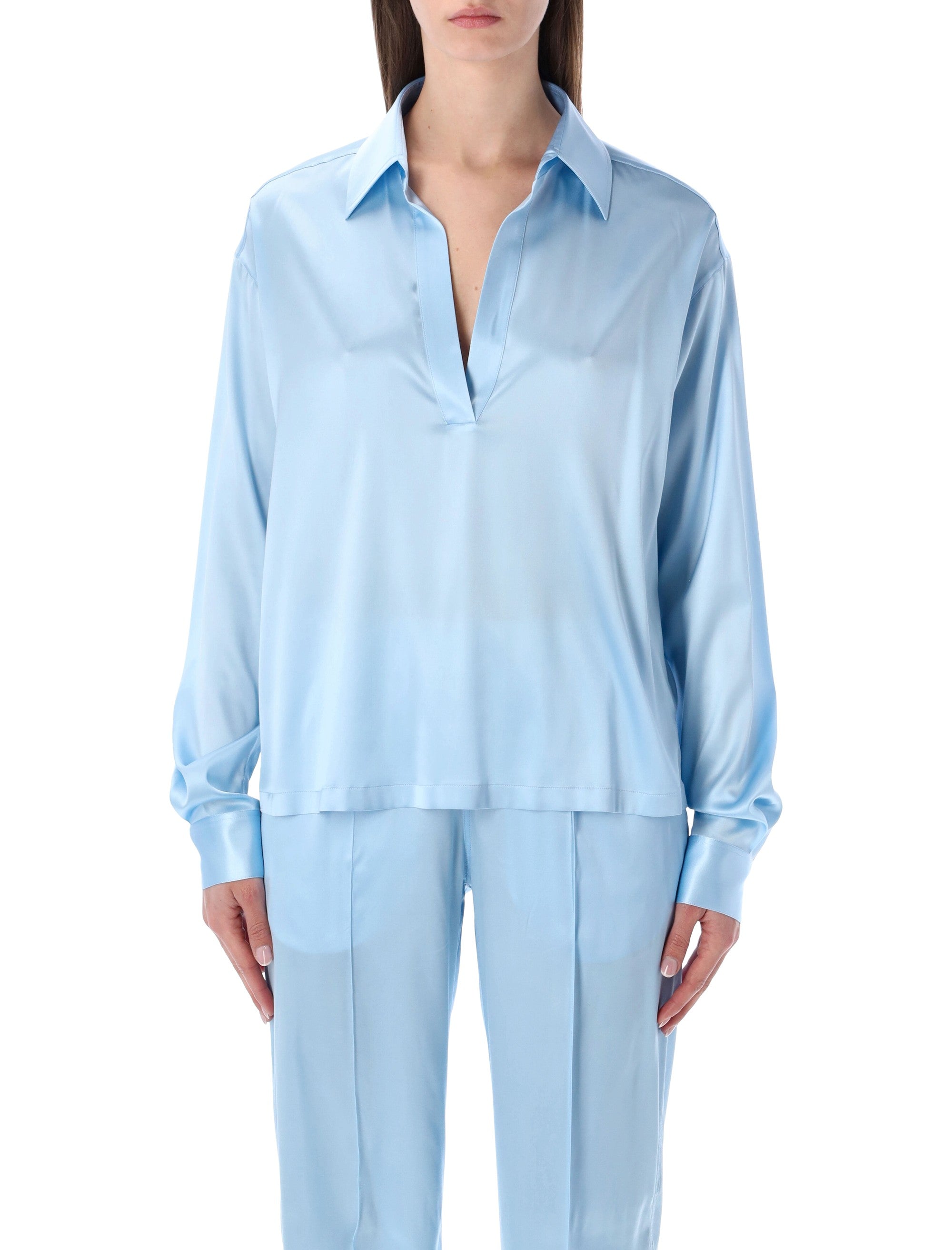 Stretch Silk Satin Polo With Tonal Logo