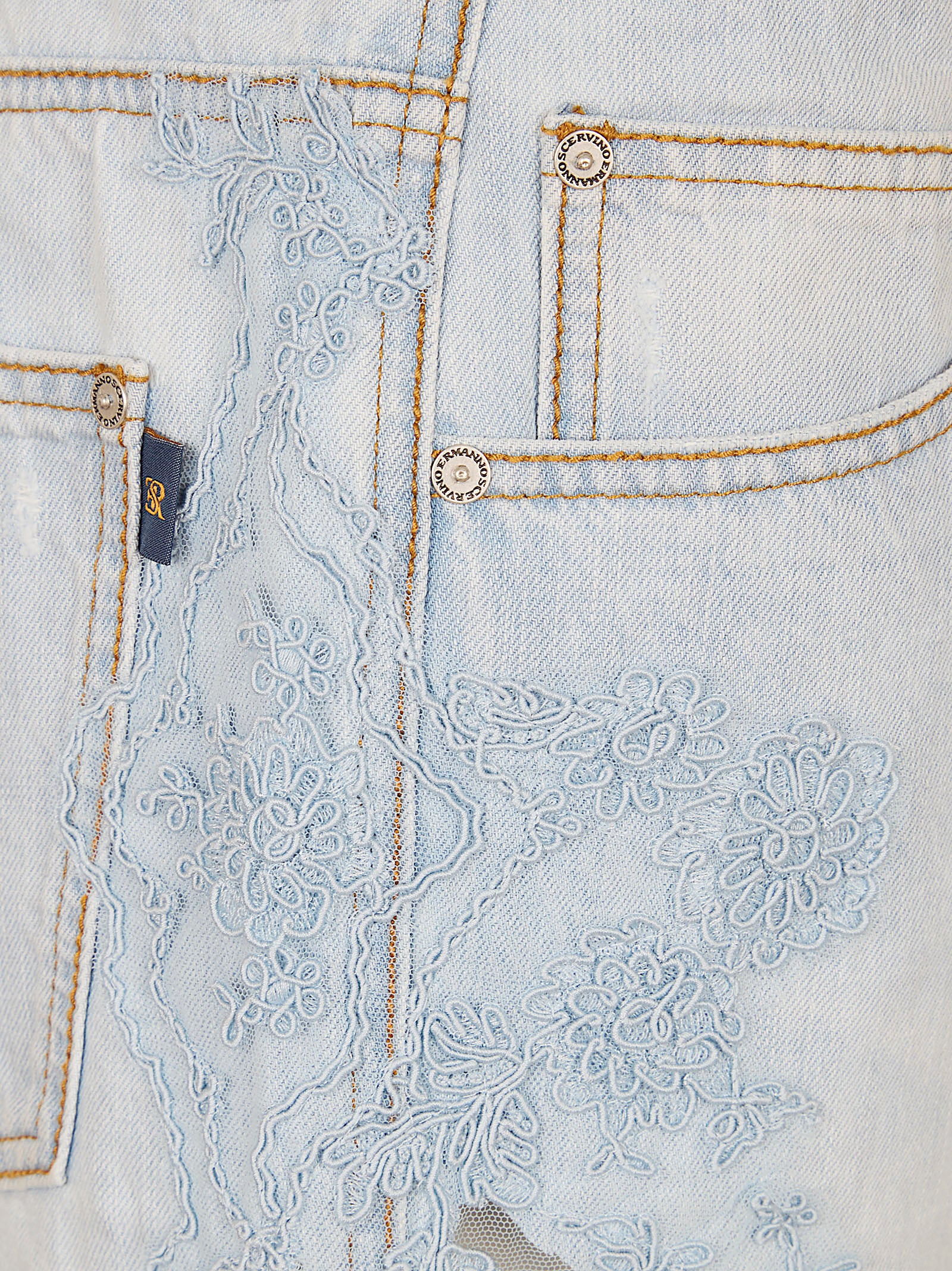 Embroidered Light Blue Denim Bermudas With Frayed Hem