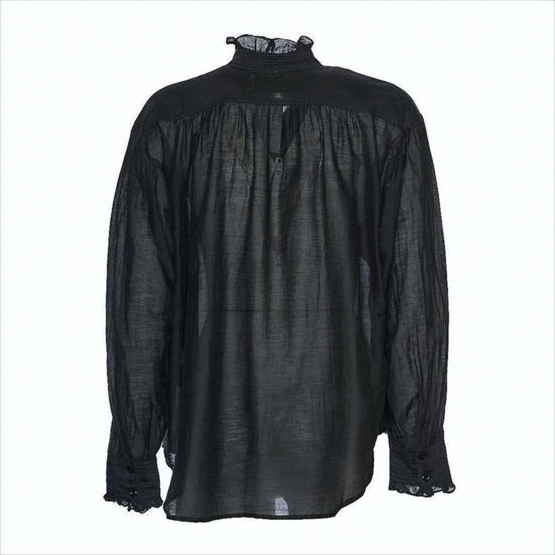 Semi-Transparent Blouse with Ruffled Neckline and Puff Sleeves