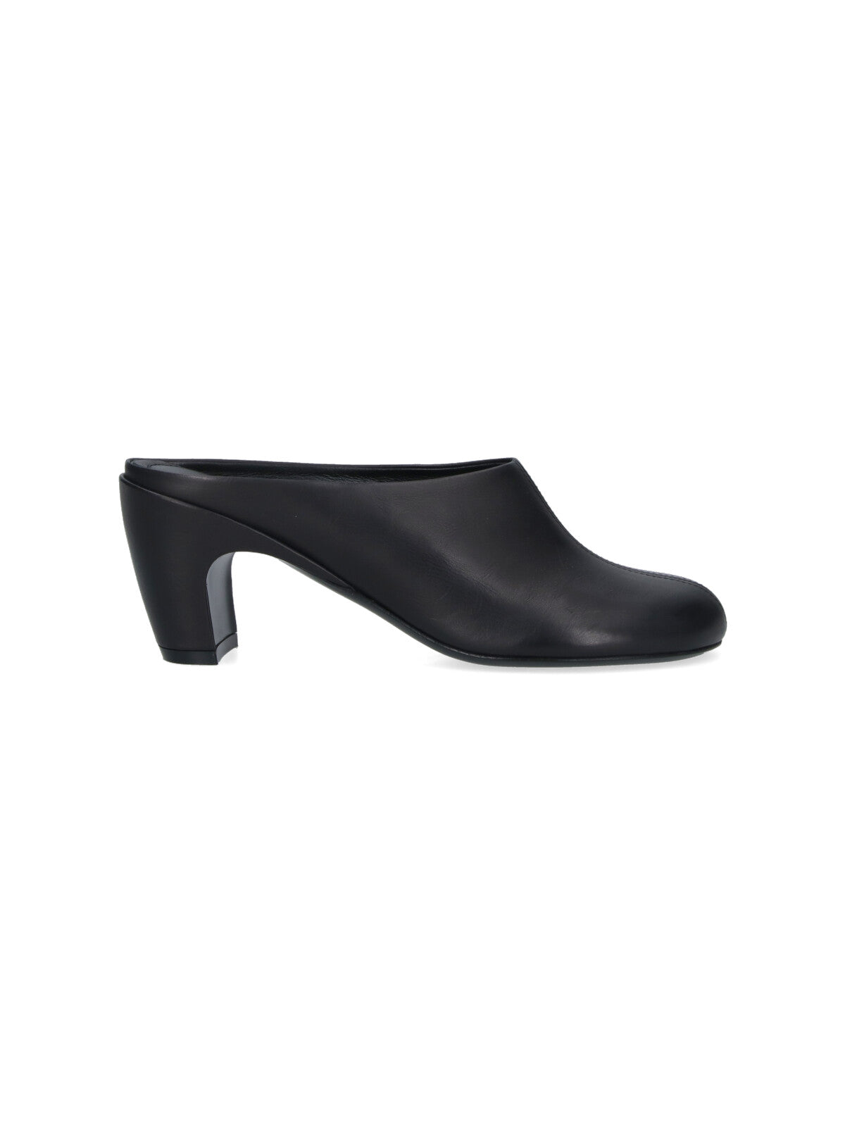 Black Rounded Toe Slip-On Leather Mules