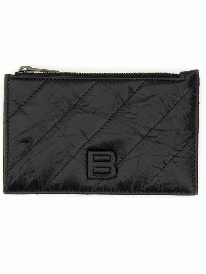Textured Calf Leather Wallet with Diagonal Stitching and Raised Emblem