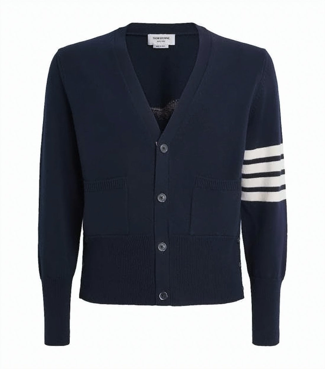 Navy Wool Cardigan with Horse Motif and Distinctive Stripes