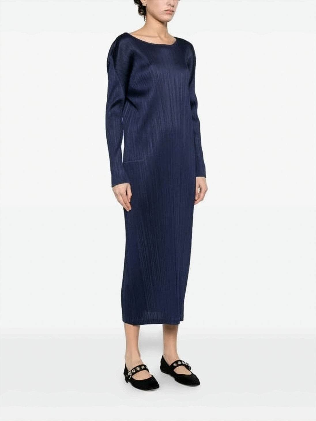 Pleated Texture Midi Dress with Fluid Silhouette