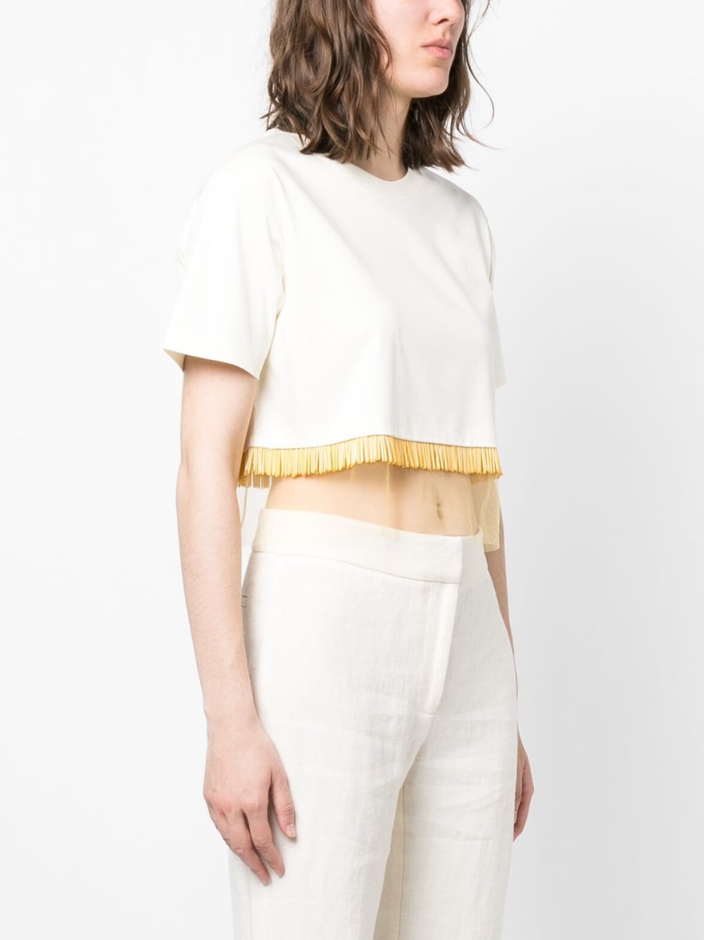 Fringed Cropped T-Shirt with Tulle Inserts
